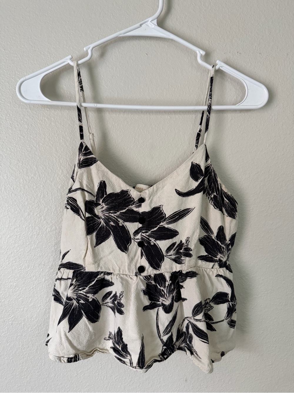 Monteau Cream and Black Floral Peplum Cami
